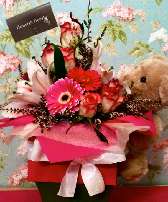 Pretty Rebekah~ Bright pink floral design in a gift box. Pretty Rebekah~ Bright pink floral design in a gift box.